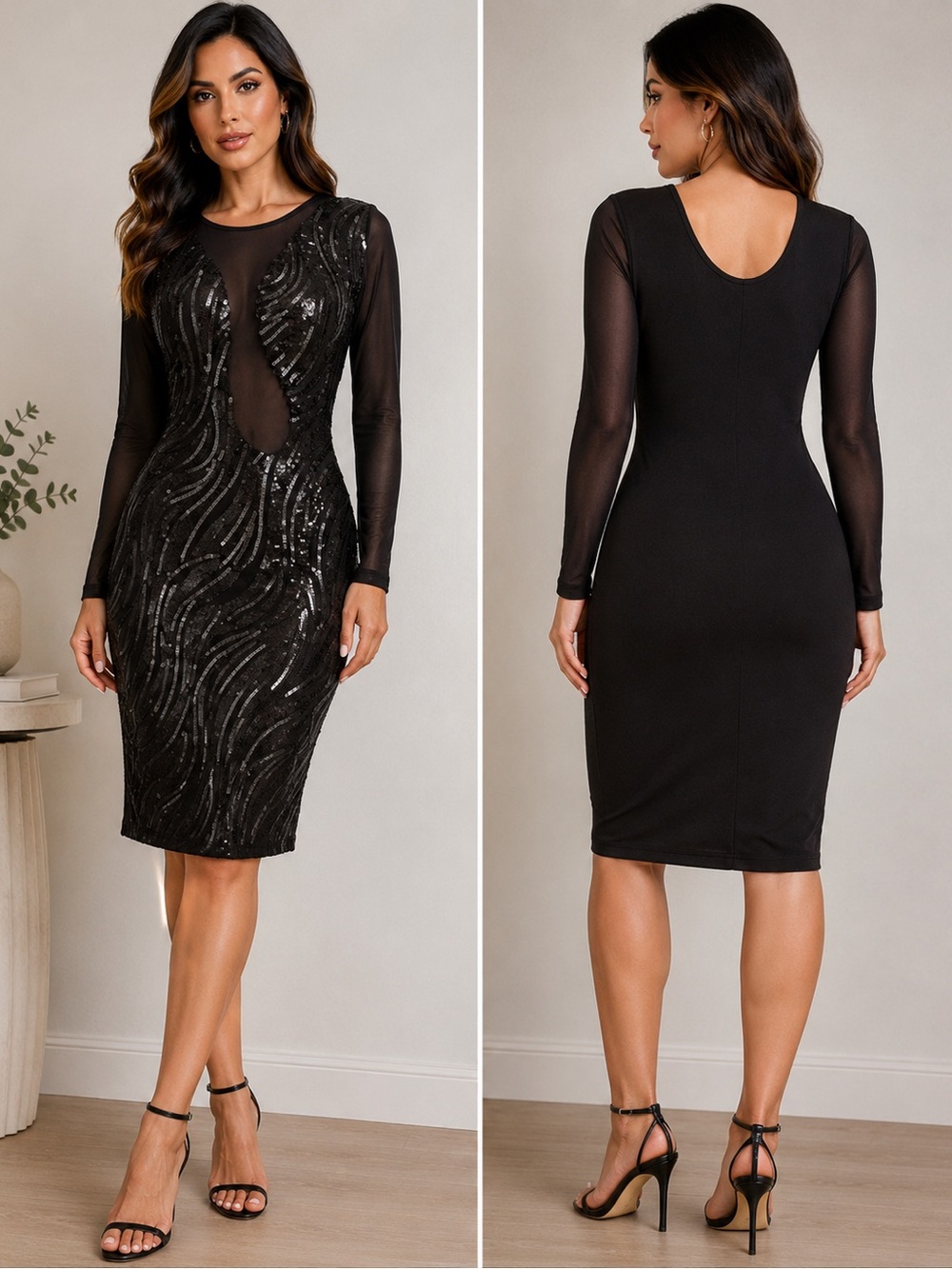 Black Sequin Long-Sleeve Mesh Bodycon Cocktail Party Dress